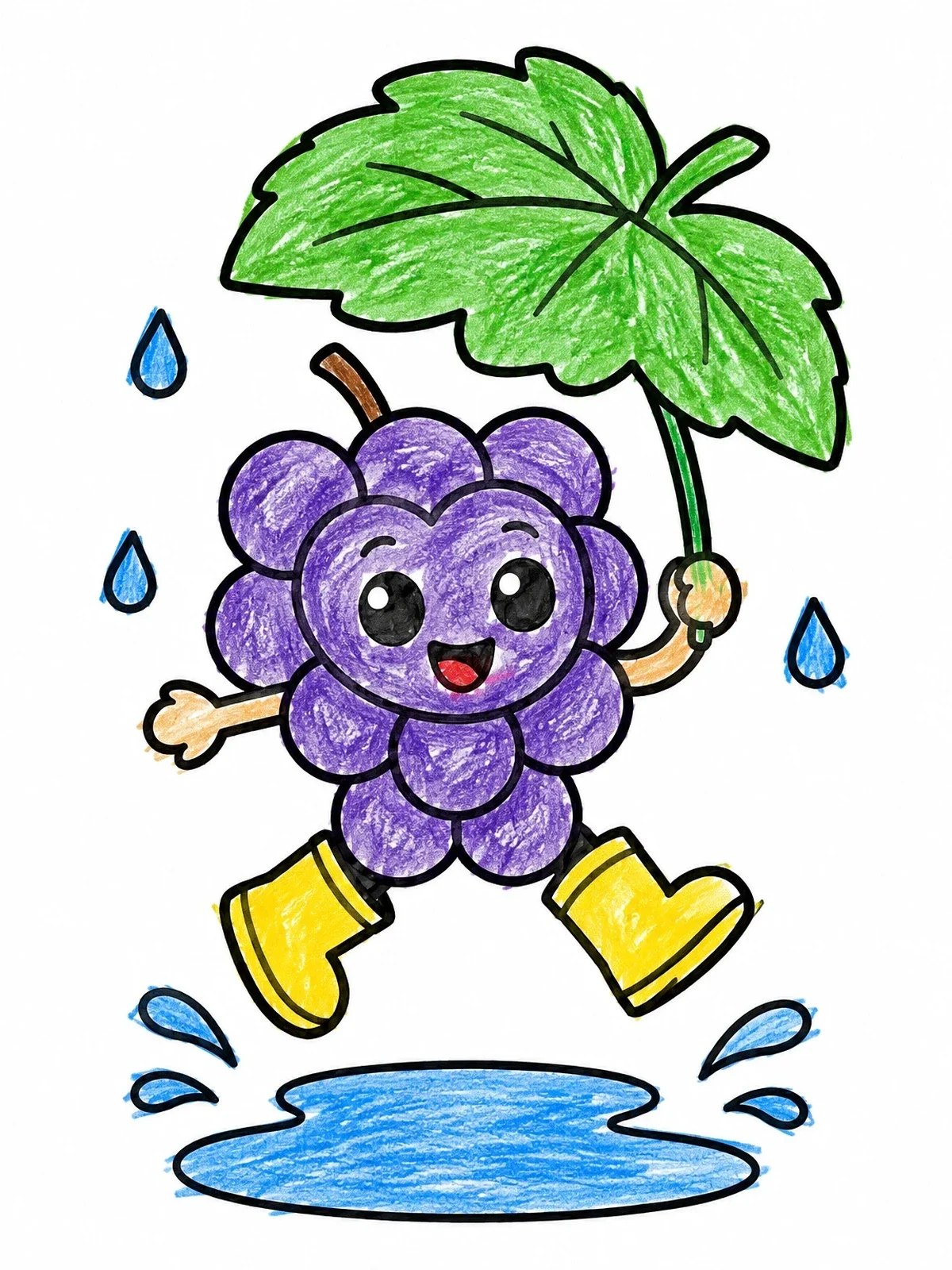 Colored example of the Happy Grape Jumping In Puddle coloring page