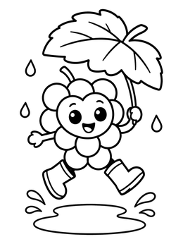 A cheerful cartoon character in this grapes coloring page jumping in a puddle with a leaf umbrella.