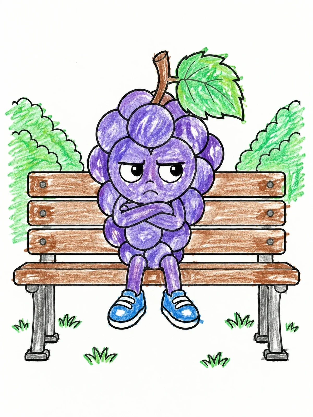 Colored example of the Grumpy Grape On A Park Bench coloring page