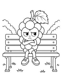 A grumpy cartoon grapes coloring page character sitting on a wooden bench.