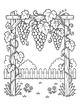 Clusters of fruit hang from a wooden arbor in this grapes coloring page.