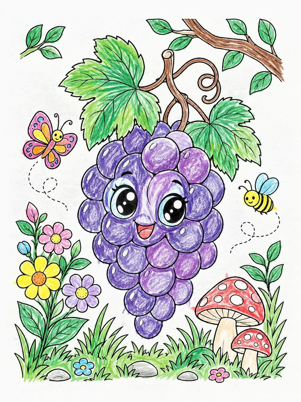 Colored example of the Happy Cartoon Grape Bunch In Garden coloring page