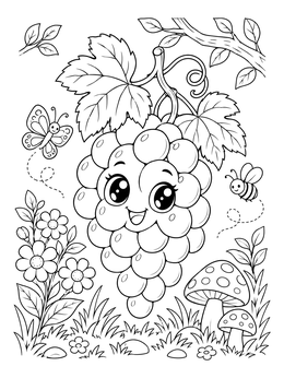 Free printable Happy Cartoon Grape Bunch In Garden coloring page