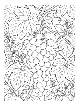 A detailed grapes coloring page featuring a large bunch hanging among vines and leaves.