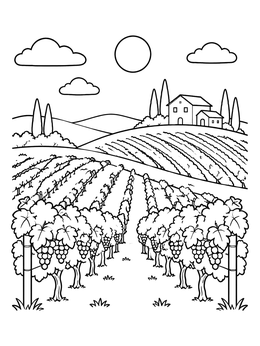 A scenic grapes coloring page displaying rows of vines leading to a farmhouse on rolling hills.
