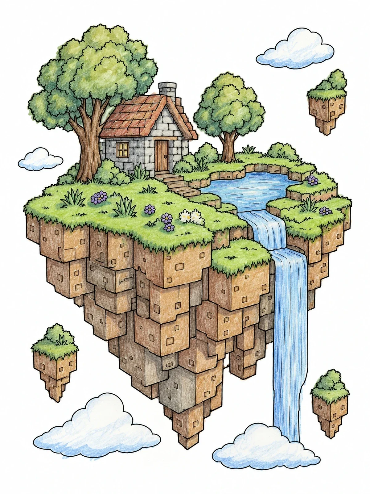 Colored example of the Floating Block Island With Cottage coloring page