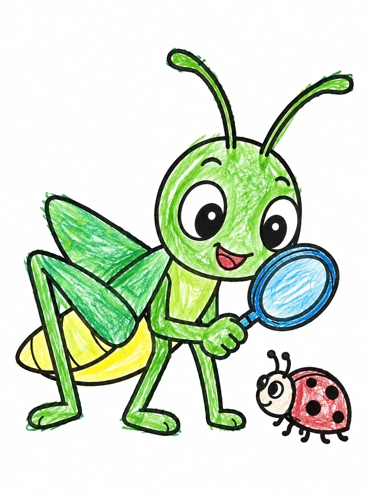 Colored example of the Grasshopper Examining A Little Ladybug coloring page
