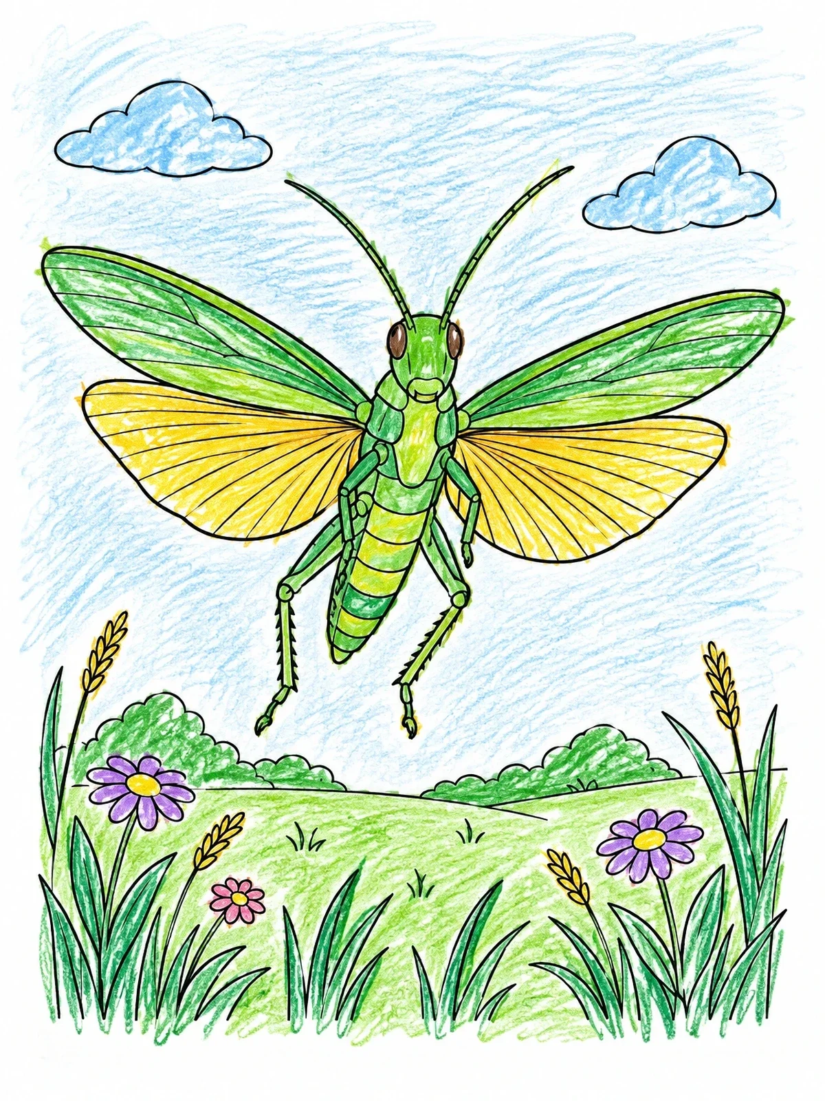 Colored example of the Grasshopper Flying Over Flower Meadow coloring page