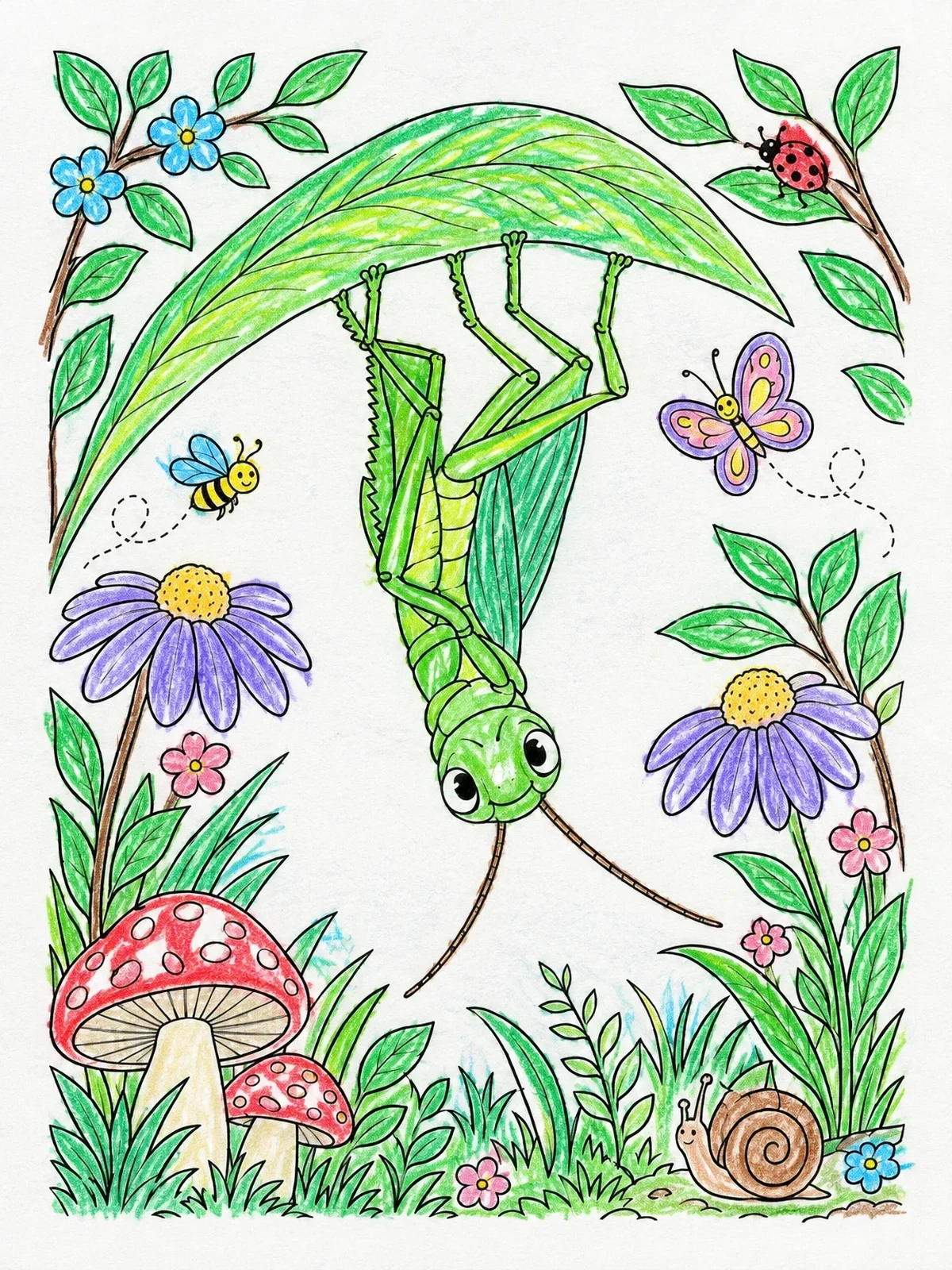 Colored example of the Grasshopper Hanging From A Garden Leaf coloring page