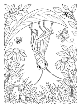 Free printable Grasshopper Hanging From A Garden Leaf coloring page