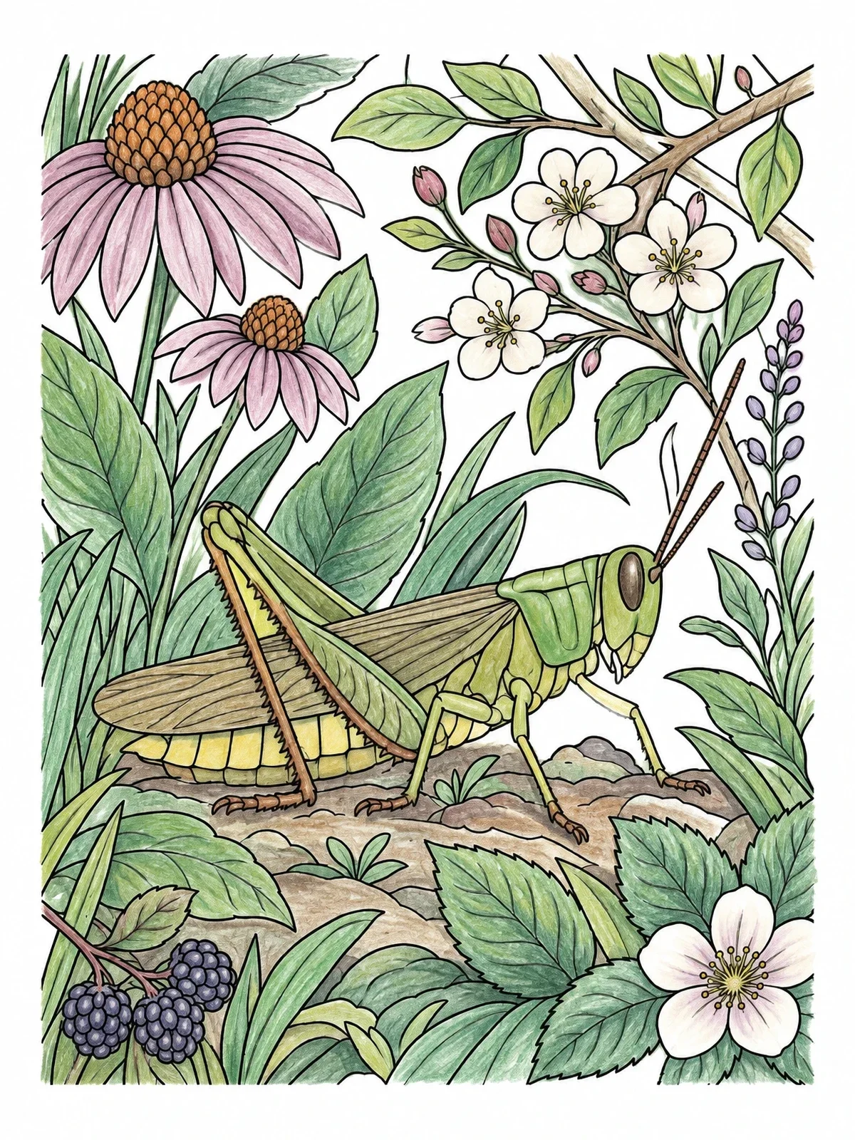 Colored example of the Grasshopper In Lush Garden coloring page