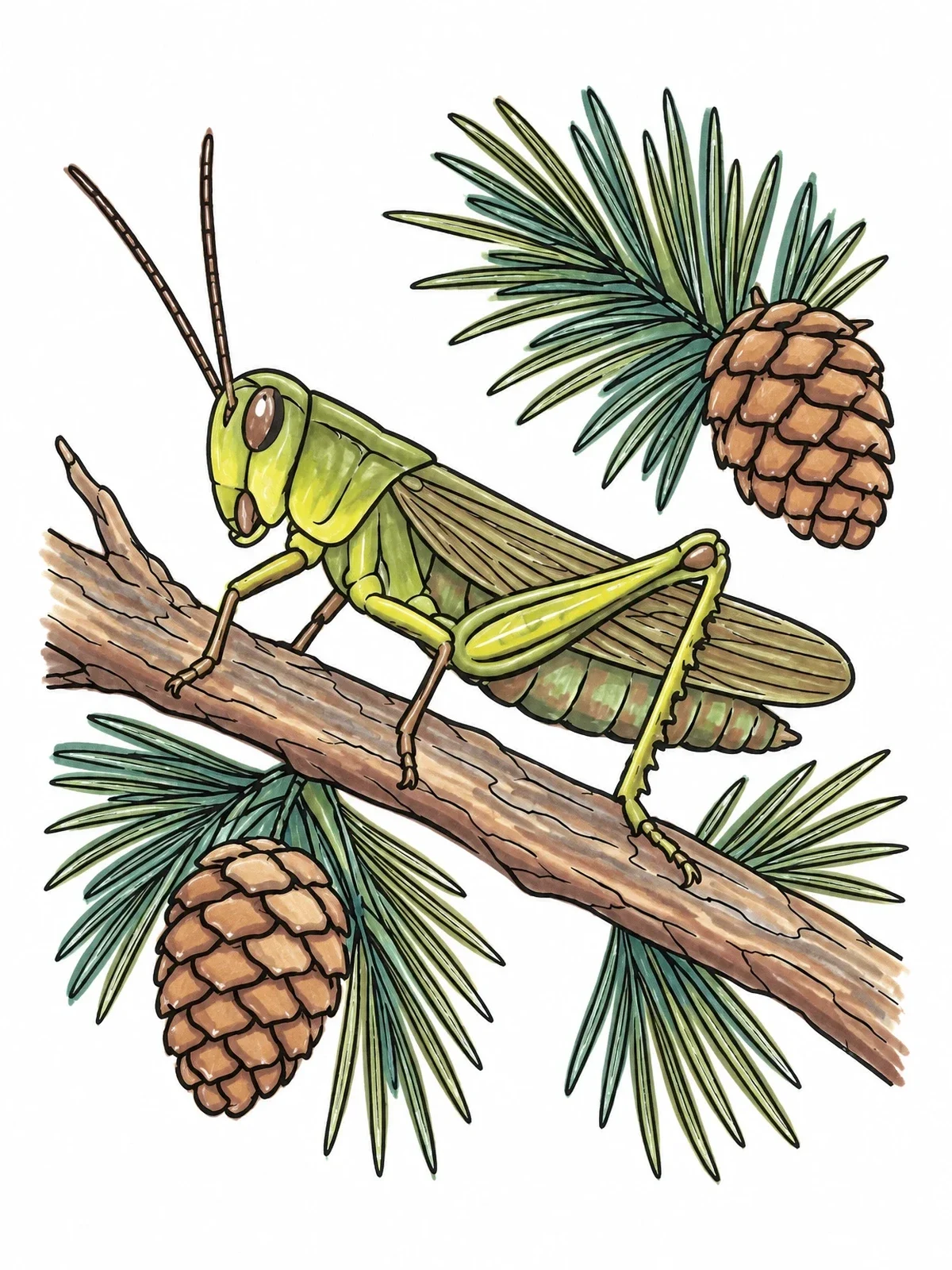 Colored example of the Grasshopper On A Pine Branch coloring page