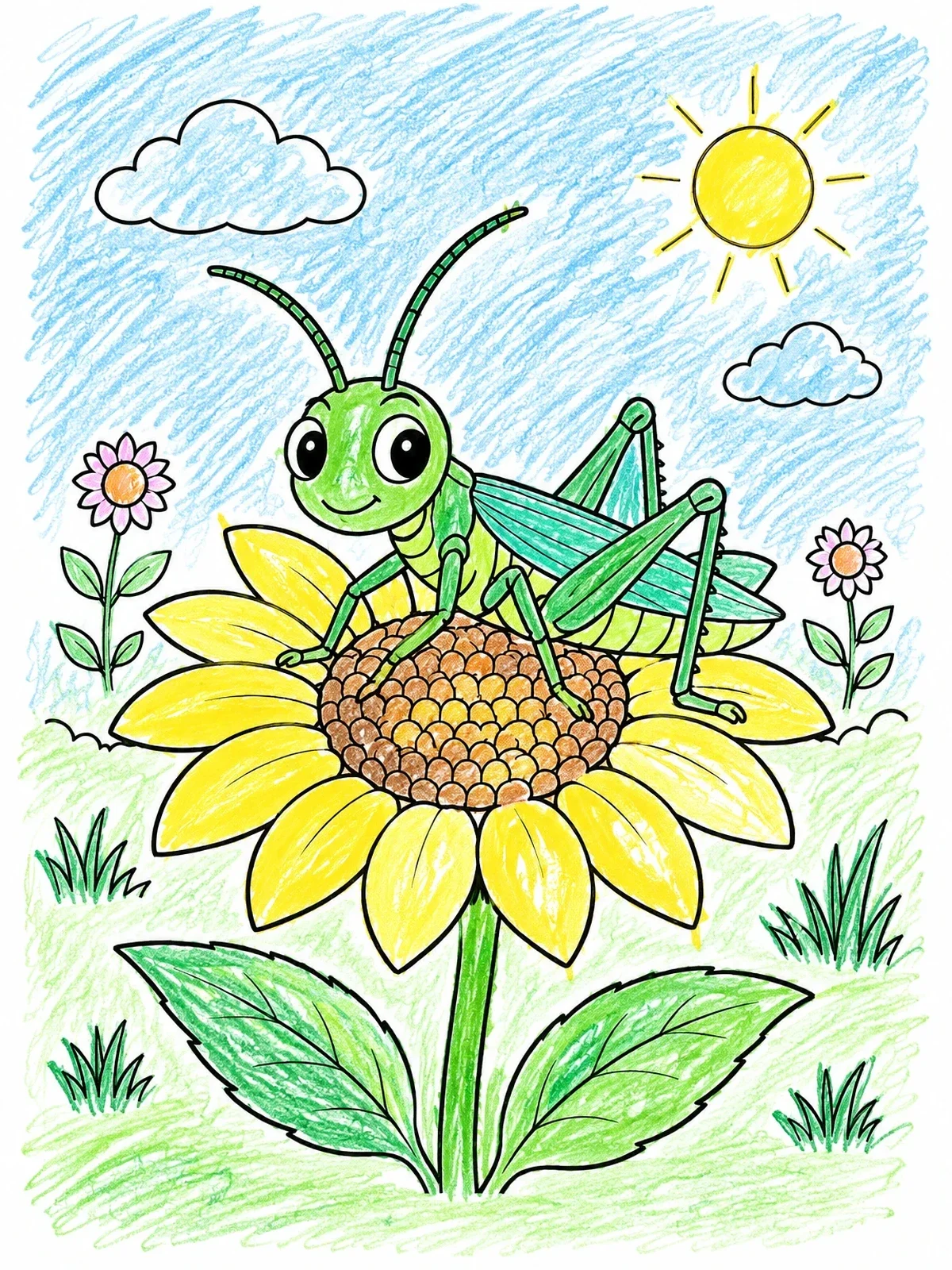 Colored example of the Grasshopper On A Sunflower coloring page
