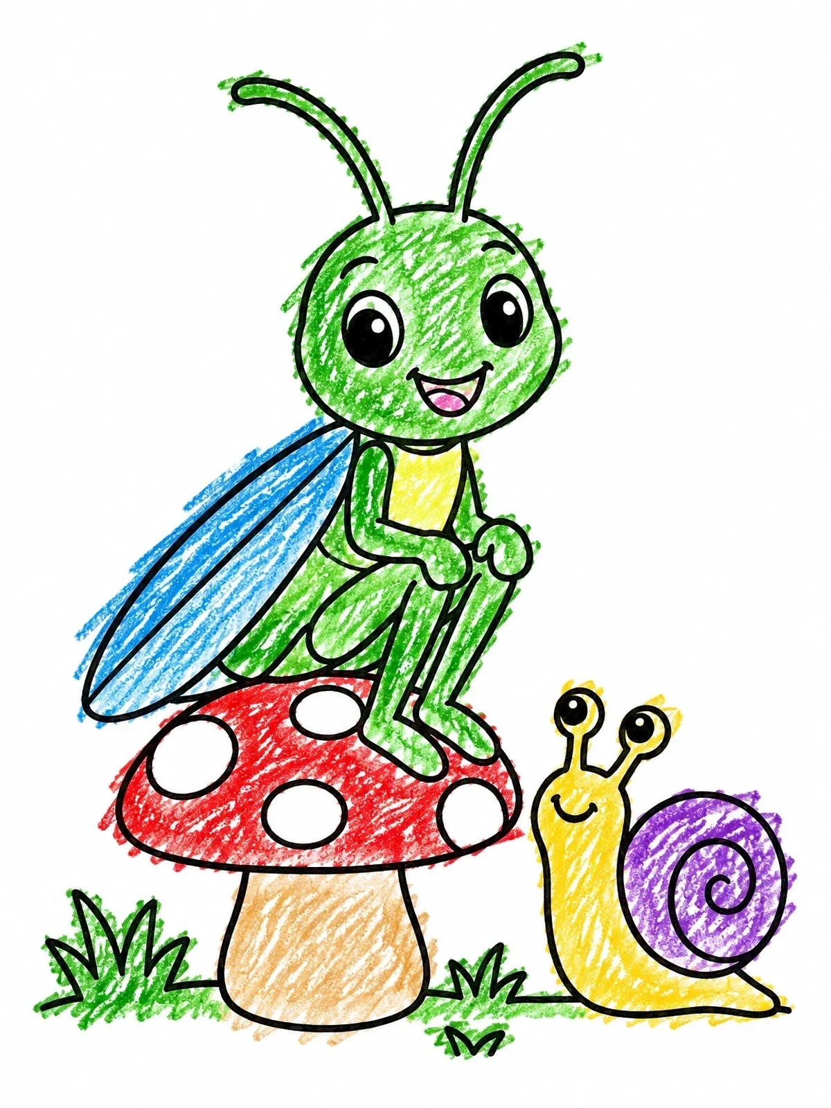 Colored example of the Grasshopper On Toadstool With Snail coloring page