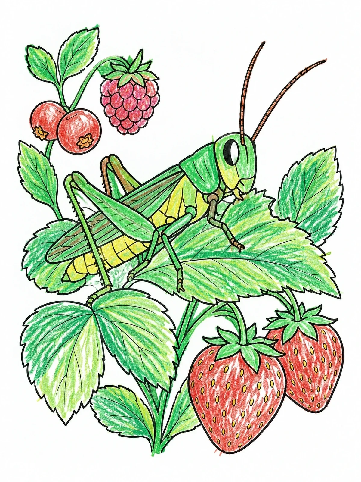 Colored example of the Grasshopper On Strawberry Plant coloring page