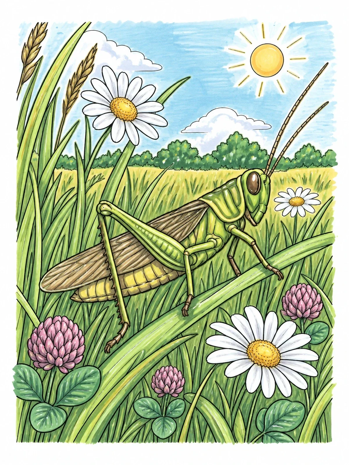Colored example of the Grasshopper In A Wildflower Meadow coloring page