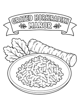 A seder plate coloring page showing a bowl of grated horseradish maror with a banner above.