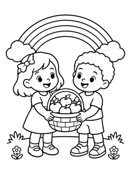 Free printable Children Sharing An Apple Basket coloring page