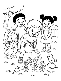 Free printable Children Watering Garden Flowers coloring page