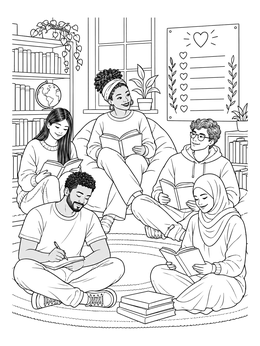 A gratitude coloring page showing diverse students reading and journaling in a cozy corner.