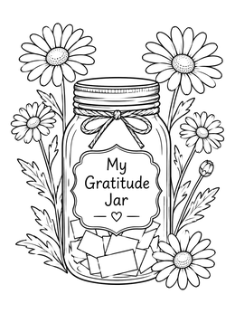 A glass gratitude jar surrounded by blooming daisies on a gratitude coloring page.