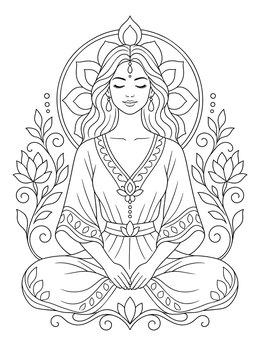 A mindful gratitude coloring page showing a serene woman meditating in a lotus pose surrounded by lotus motifs.