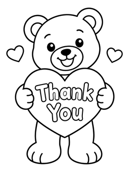 Free printable Teddy Bear Holding Thank You Heart coloring page