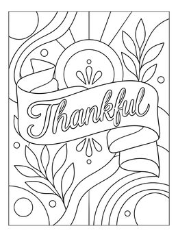 A decorative banner with the word Thankful on a gratitude coloring page.