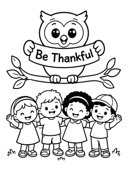 Free printable Thankful Owl With Happy Children coloring page