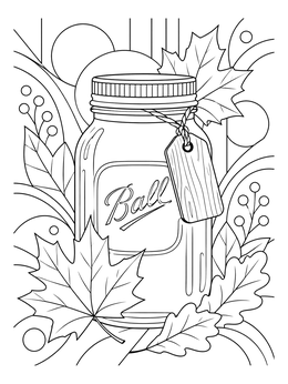 Vintage glass jar surrounded by fall foliage on this gratitude coloring page.