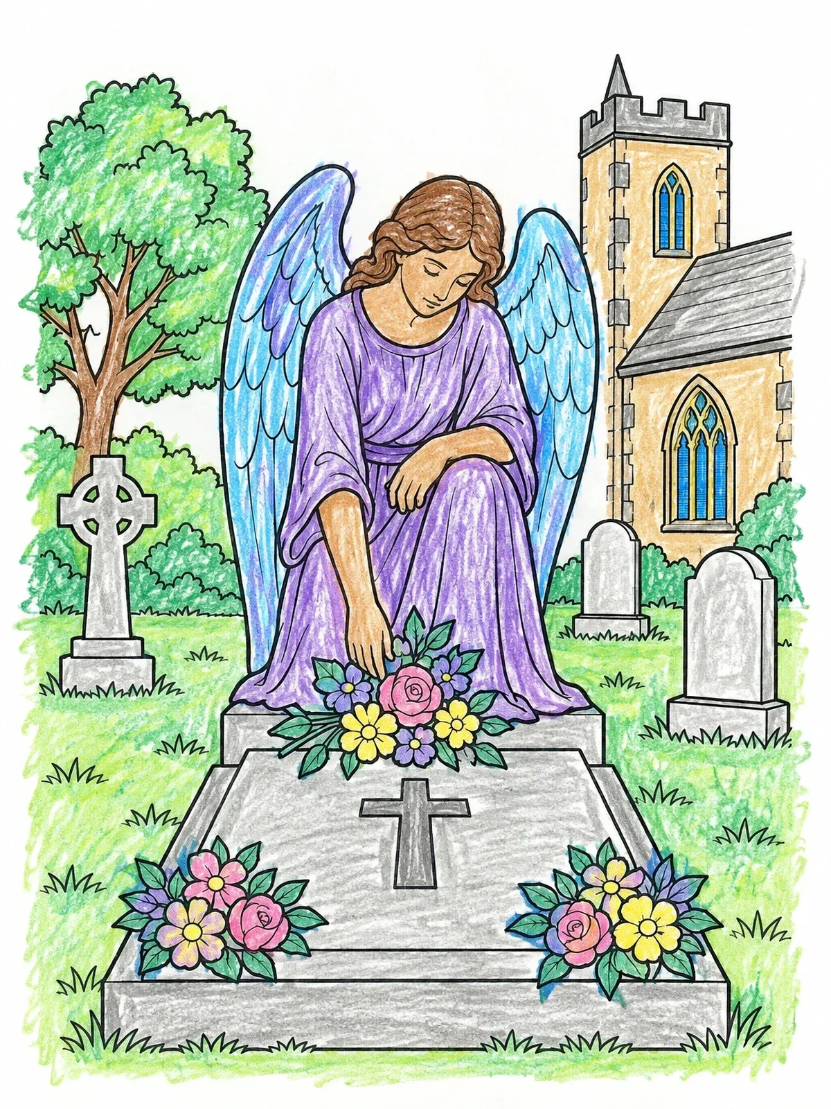 Colored example of the Angel Statue In Churchyard Cemetery coloring page