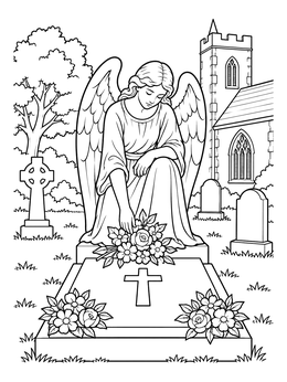 A serene stone angel statue on a grave in this graveyard coloring page.