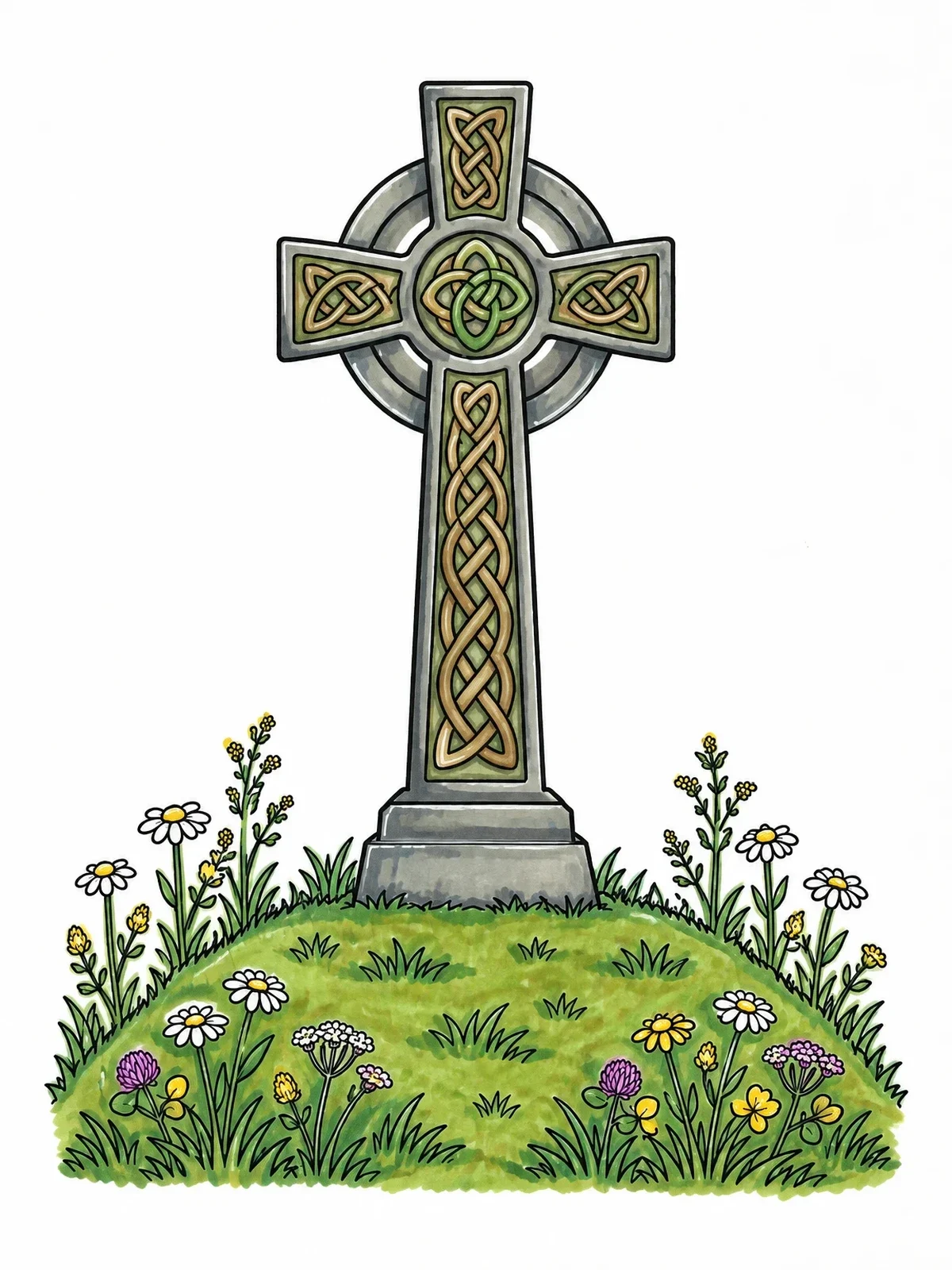 Colored example of the Celtic Cross On Grassy Mound coloring page