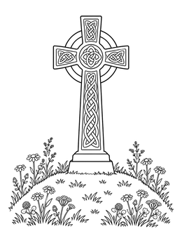 Detailed Celtic cross on a hill in a graveyard coloring page.
