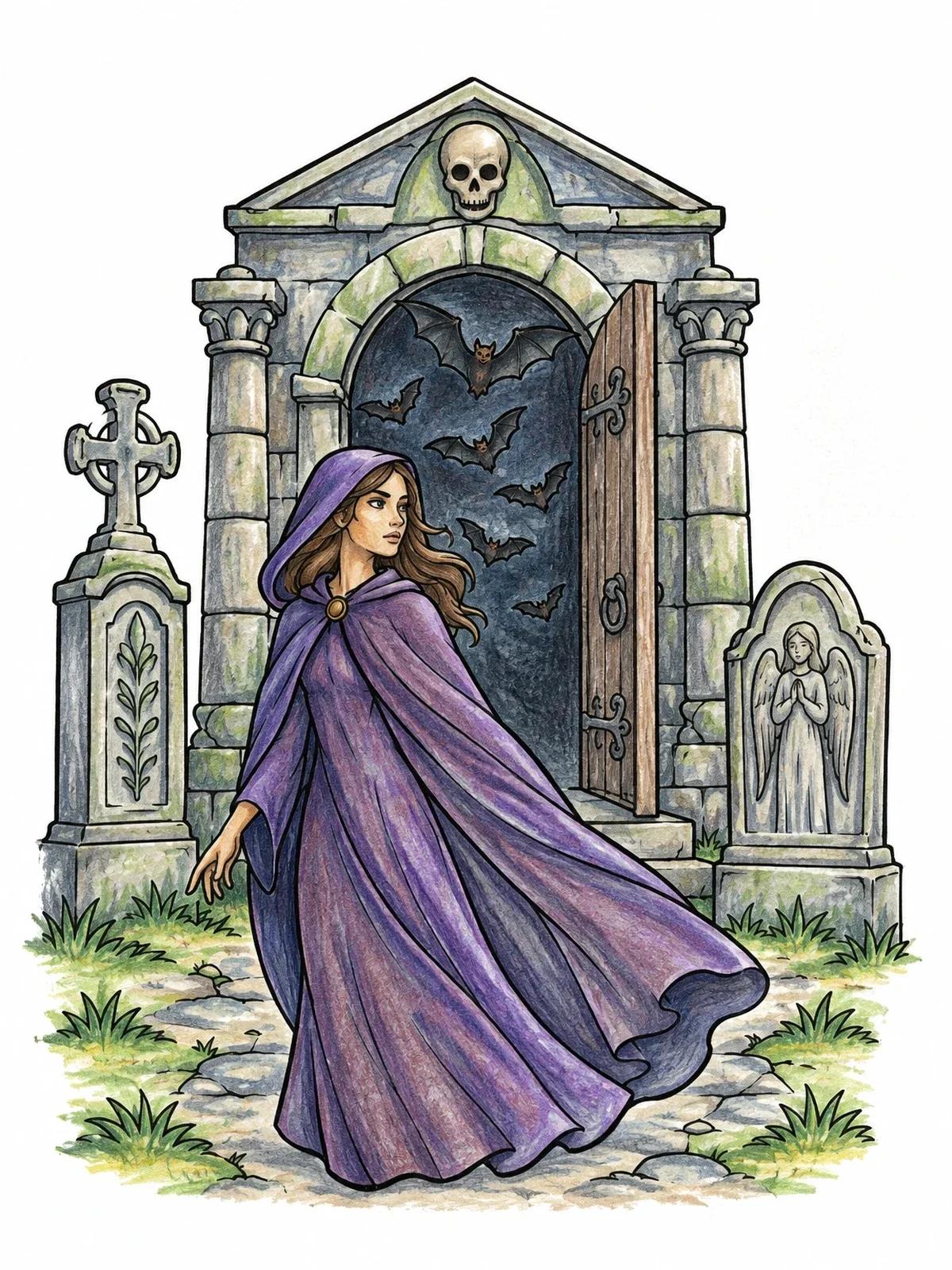 Colored example of the Cloaked Maiden At The Crypt Entrance coloring page