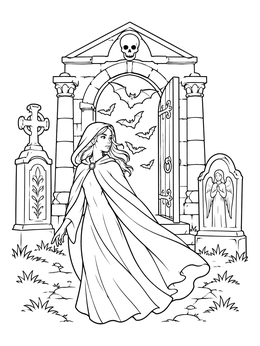 A cloaked woman walking past tombstones in this graveyard coloring page with bats flying from a crypt.