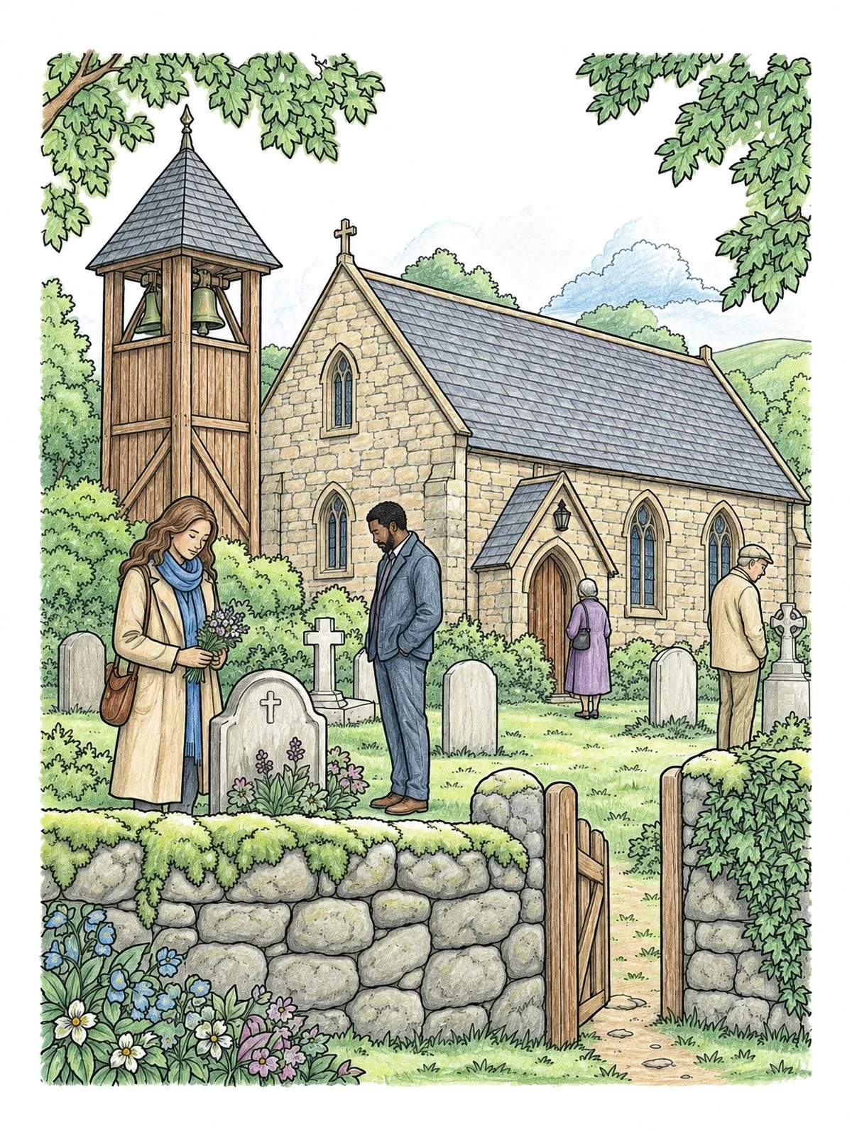 Colored example of the Country Churchyard And Stone Chapel coloring page