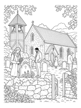 Visitors among headstones outside a historic chapel in this graveyard coloring page.