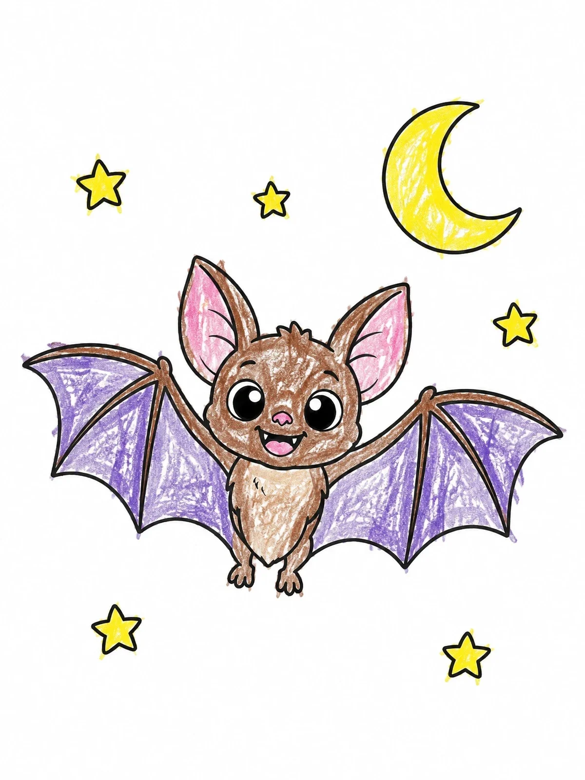 Colored example of the Cute Bat In The Night Sky coloring page
