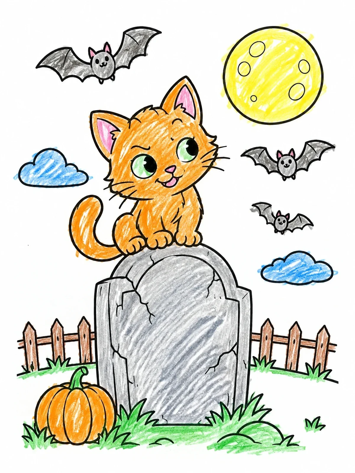 Colored example of the Cute Cat On A Tombstone coloring page