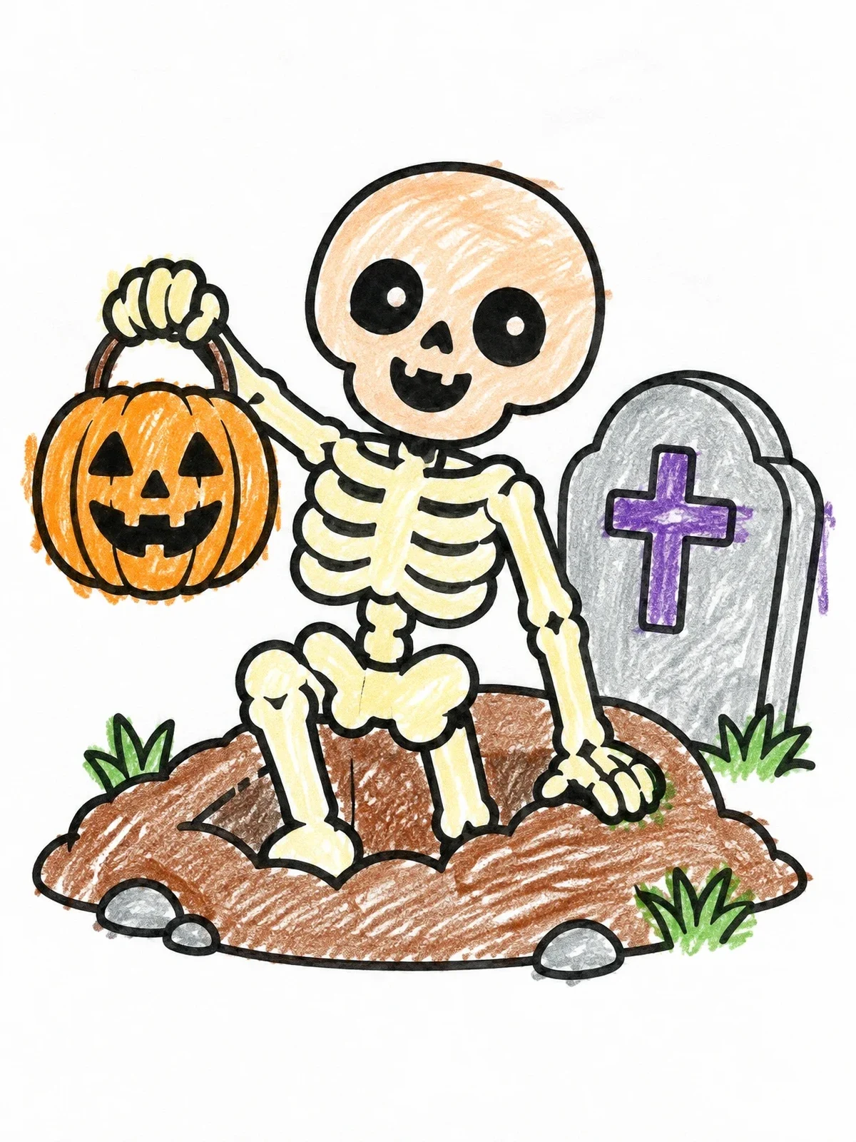 Colored example of the Friendly Skeleton With Pumpkin Lantern coloring page