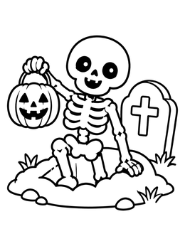 Free printable Friendly Skeleton With Pumpkin Lantern coloring page