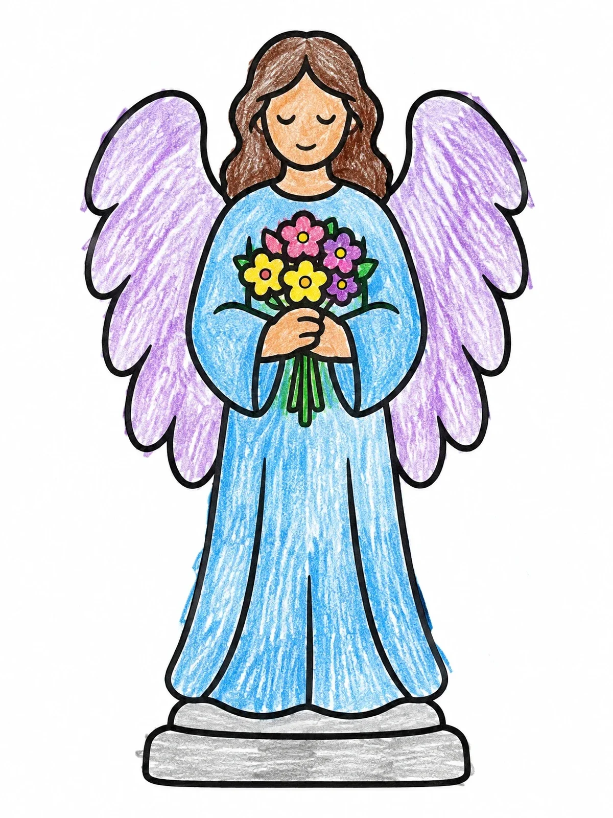 Colored example of the Gentle Cemetery Angel Statue coloring page