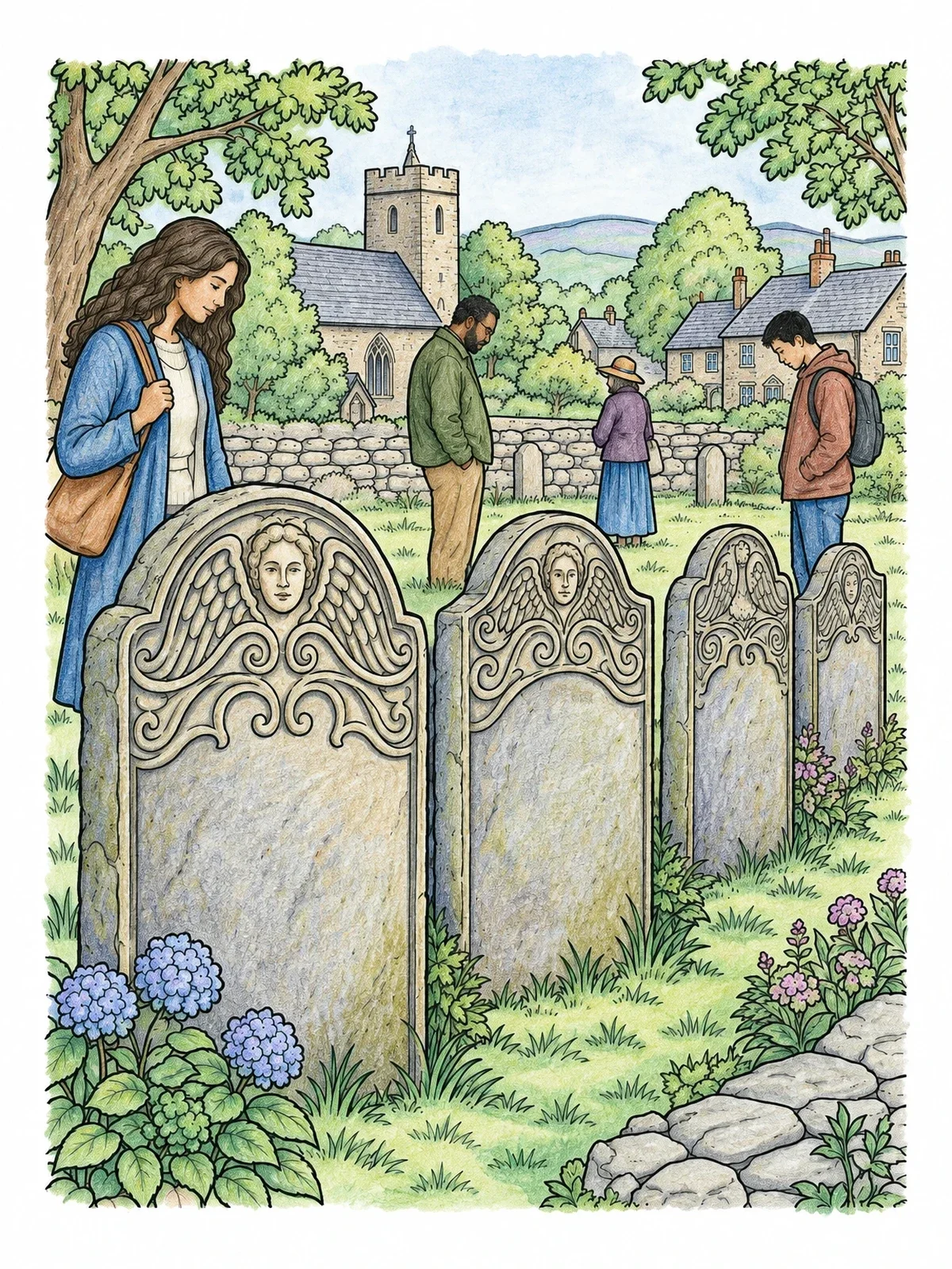 Colored example of the Historic Churchyard With Carved Headstones coloring page