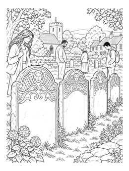 A peaceful village scene on this graveyard coloring page with carved headstones and a church.