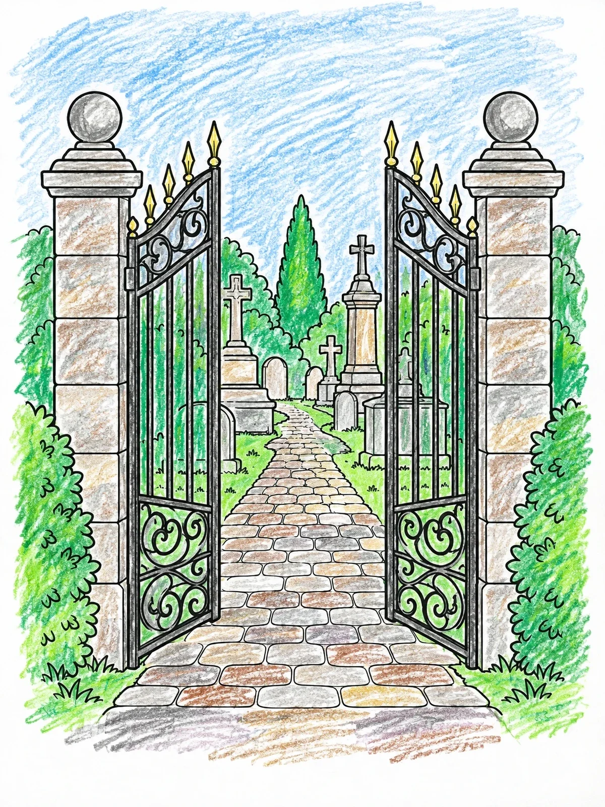 Colored example of the Open Cemetery Gates And Pathway coloring page