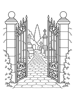 An open wrought-iron gate leads down a stone path in this graveyard coloring page.