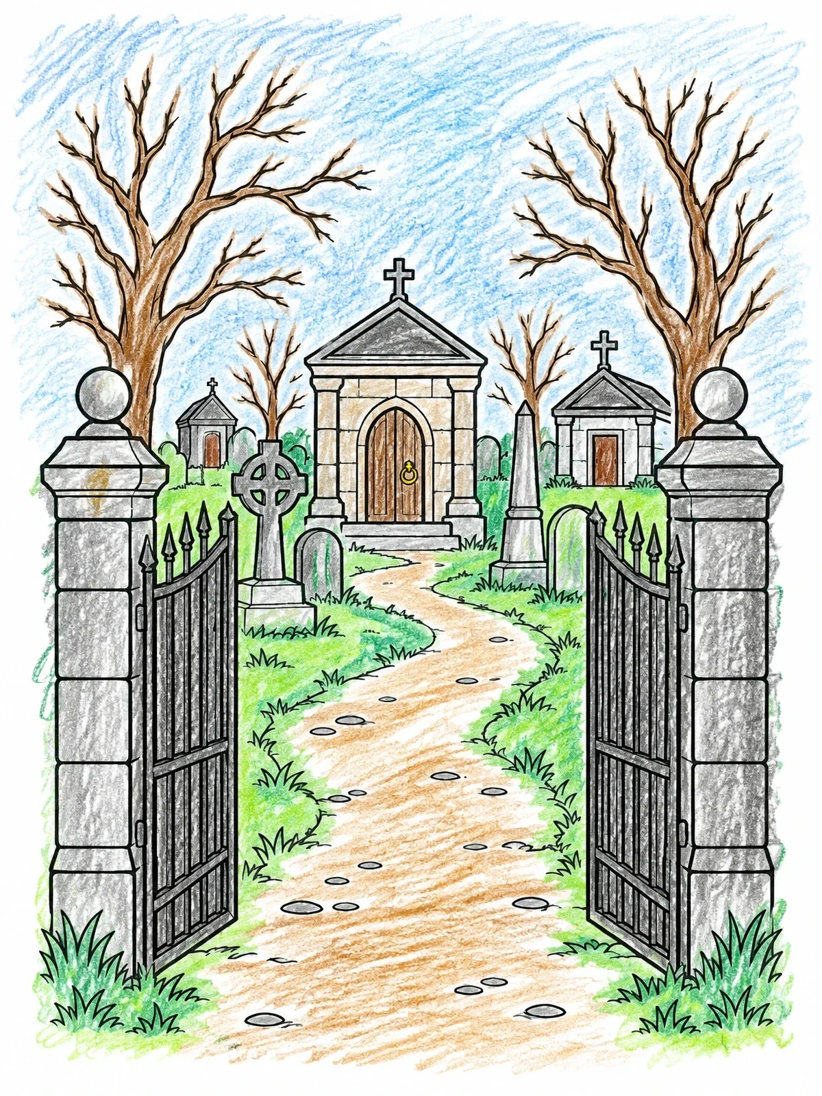 Colored example of the Open Cemetery Gates With Mausoleum coloring page