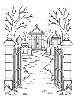 Free printable Open Cemetery Gates With Mausoleum coloring page