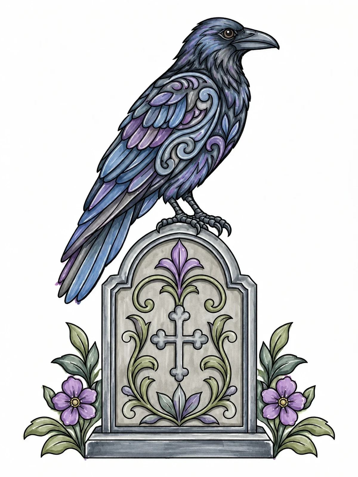 Colored example of the Raven Perched On An Ornate Headstone coloring page